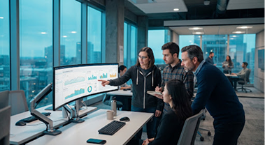 Marketing team reviewing performance charts together